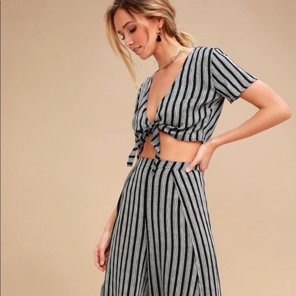 Lulus Grey and Black Striped Two-Piece Jumpsuit